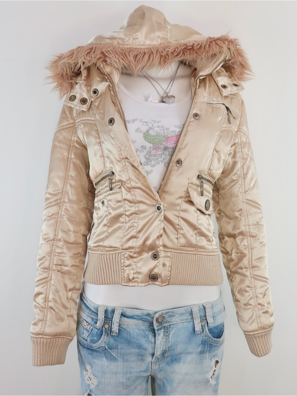 y2k beige satin bomber jacket pink faux fur hood cropped